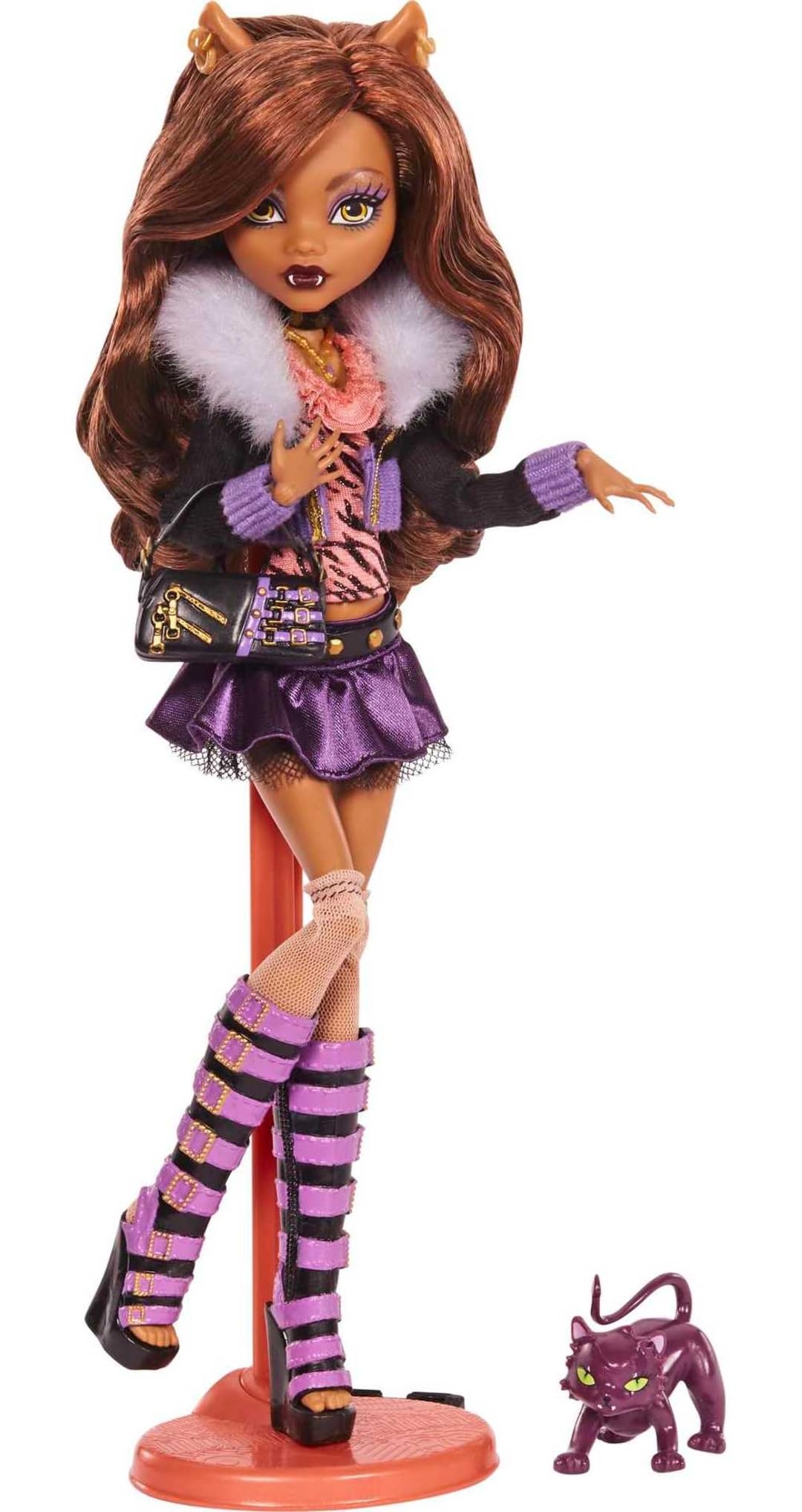 Clawdeen Wolf with her fierce purple fur-trimmed jacket and confident pose.