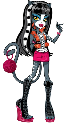 Purrsephone, slate-gray werecat with black hair and orange outfit