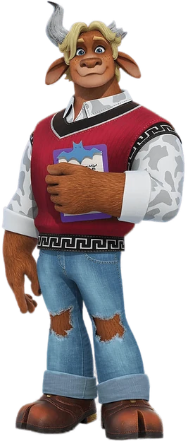 Manny Taur, a brown-furred minotaur with blonde hair and broken horn