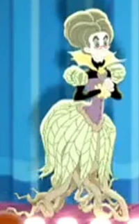 Crabgrass, a plant monster with grey hair, red glasses, vine sleeves, leaf skirt, and root legs