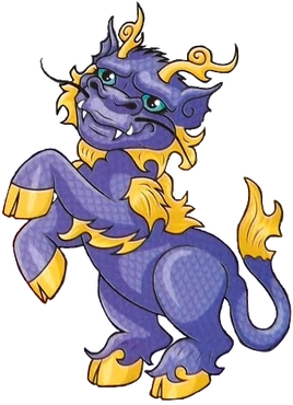 Qing, a purple qilin with golden hooves, horns, and mane